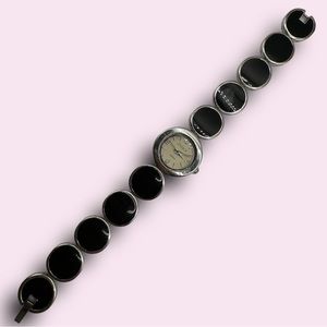 Women’s Vintage 60s Mod themed Silver Studio Time with Round Black Links Watch